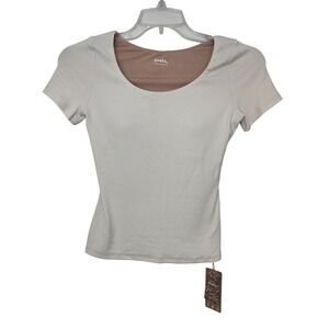 OGL Move Cream Ribbed Scoop Neck Short Sleeve Top with Built-in Bra Size Small